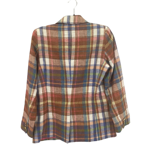 Smythe Two Button Blazer In Madras Plaid 100% Linen With 100% Silk Lining Size 8 - Picture 6 of 7